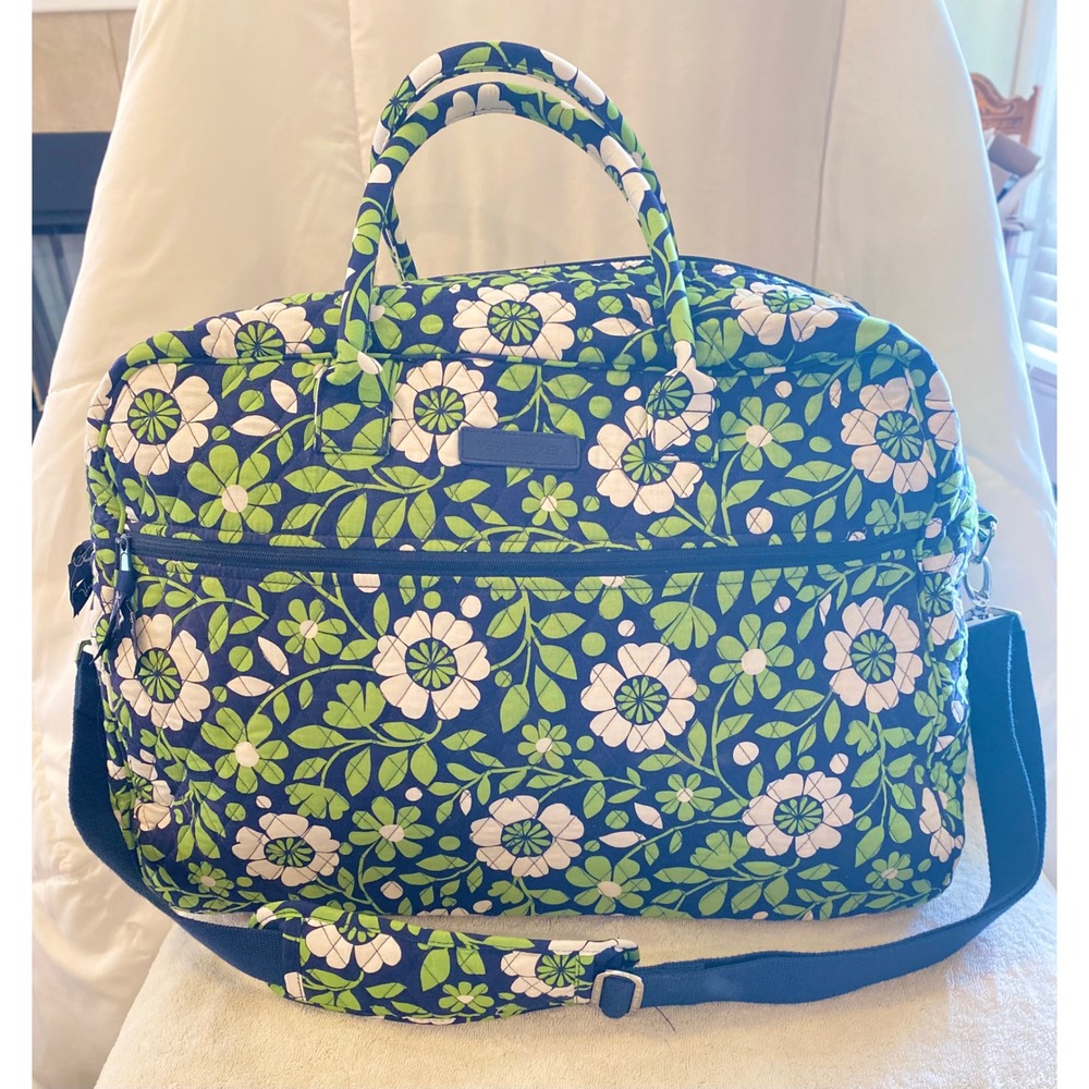 Vera Bradley Quilted Cotton Floral "Lucky You" Green Navy White Travel Weekender